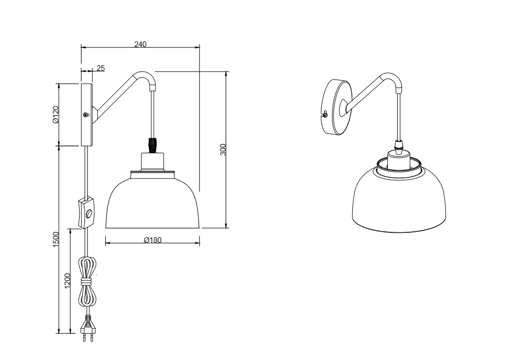 Trio Leuchten R20811732 PUNCH - Nástěnná černá lampa s vypínačem na kabelu, 1 x E27