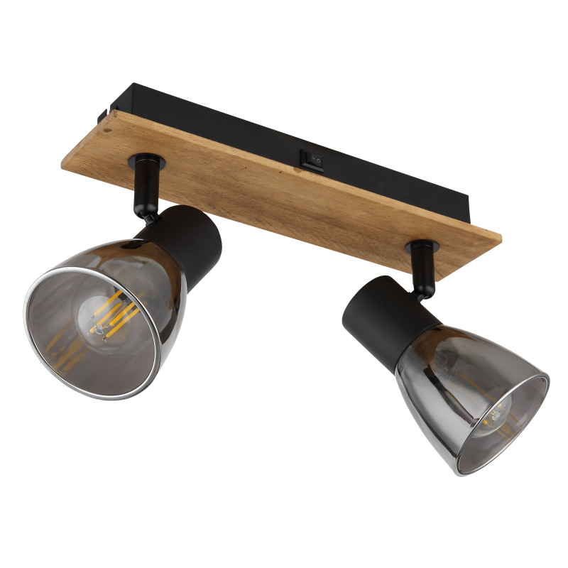 Globo 54307-2W CLAUDE - Nástěnná dvouramenná lampička s dřevěnou monturou a kouřovými skly, vypínač, 2 x E14