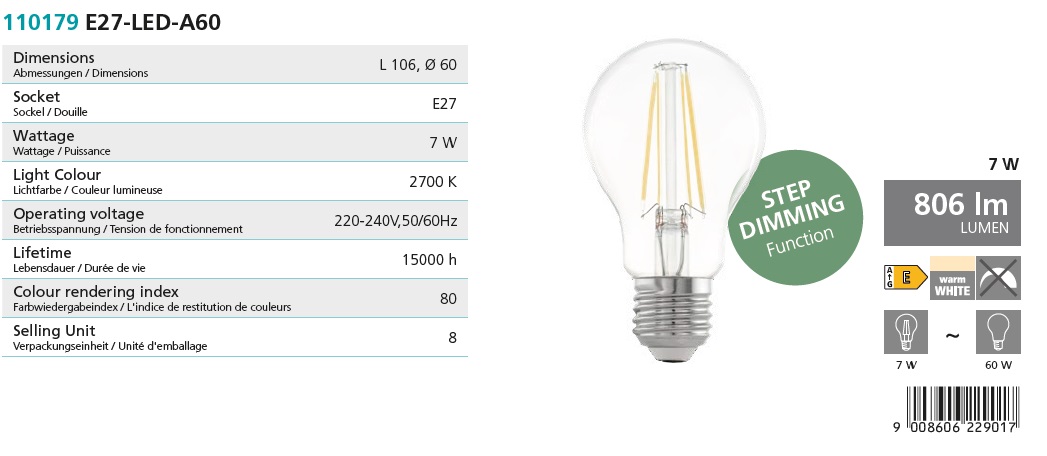 Eglo 110179 BULB - Vypínačem stmívatelná LED žárovka E27, 7W, 2700K, crystal retro, 806lm
