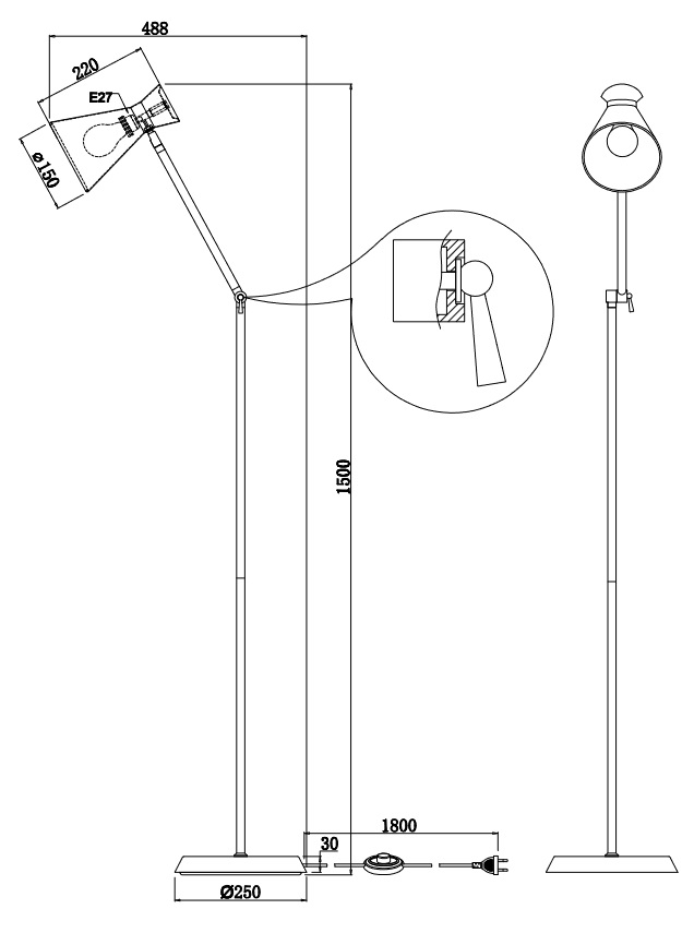 Trio Leuchten R40781032 ENZO - Stojací polohovací lampa v černé barvě 1 x E27, výška 150cm