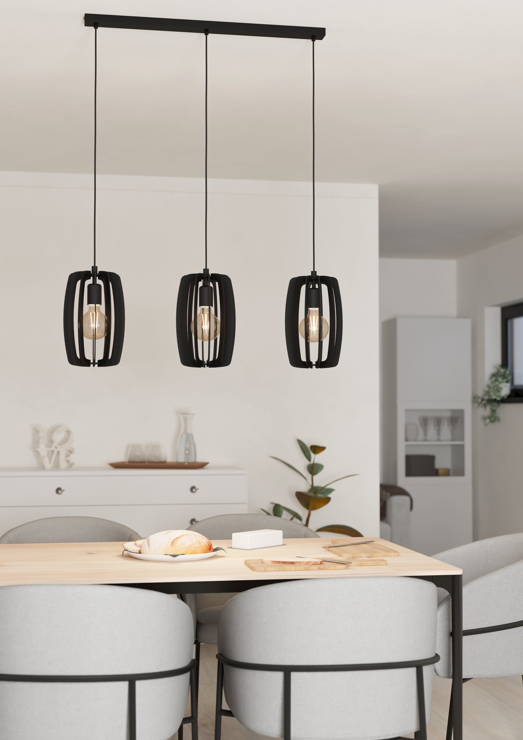 Eglo 900505 BAJAZZARA - Závěsné dřevěné svítidlo v černé barvě, 3 x E27, šířka 89cm