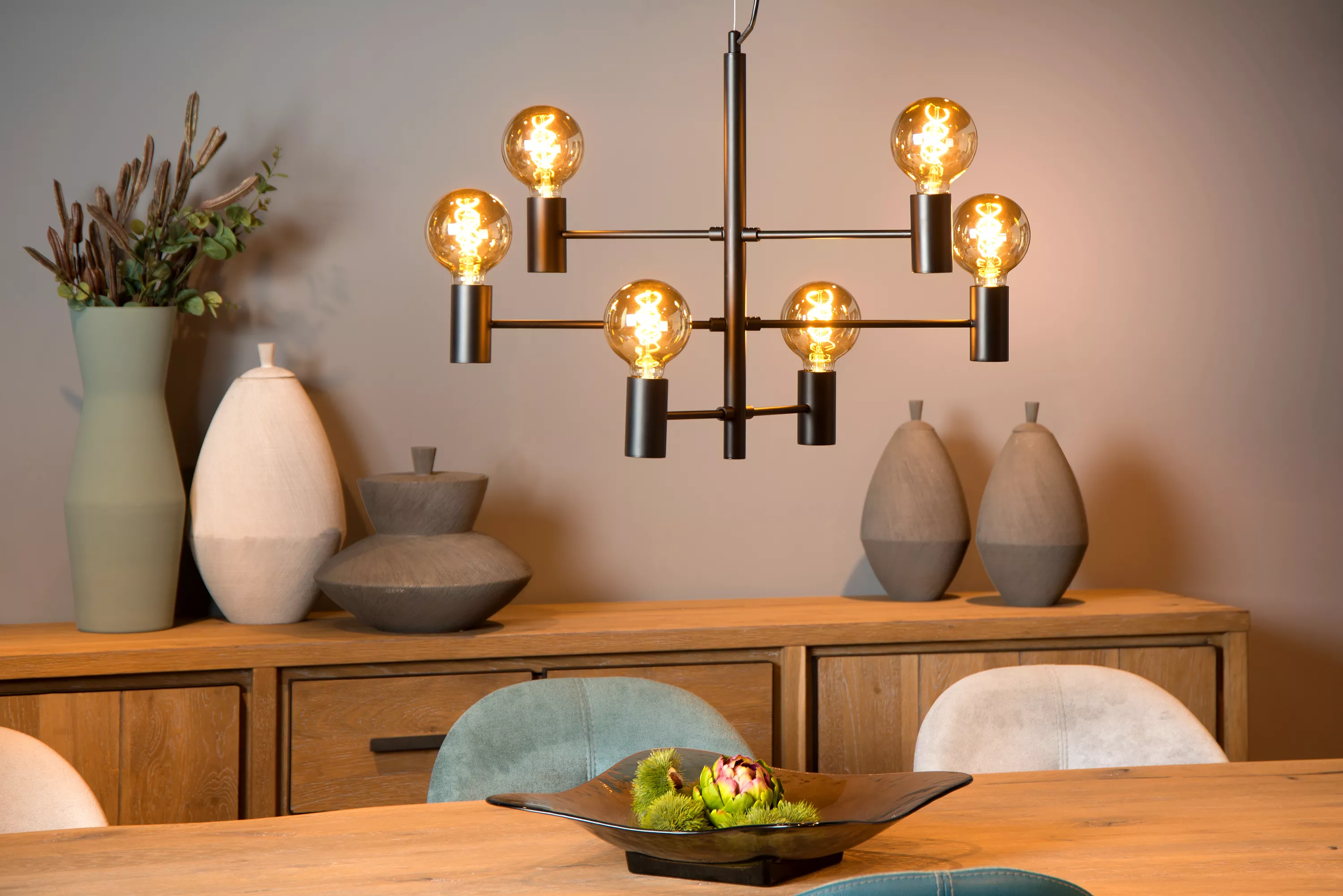 Lucide 21421/06/30 LEANNE - Retro lustr v černé barvě 6 x E27