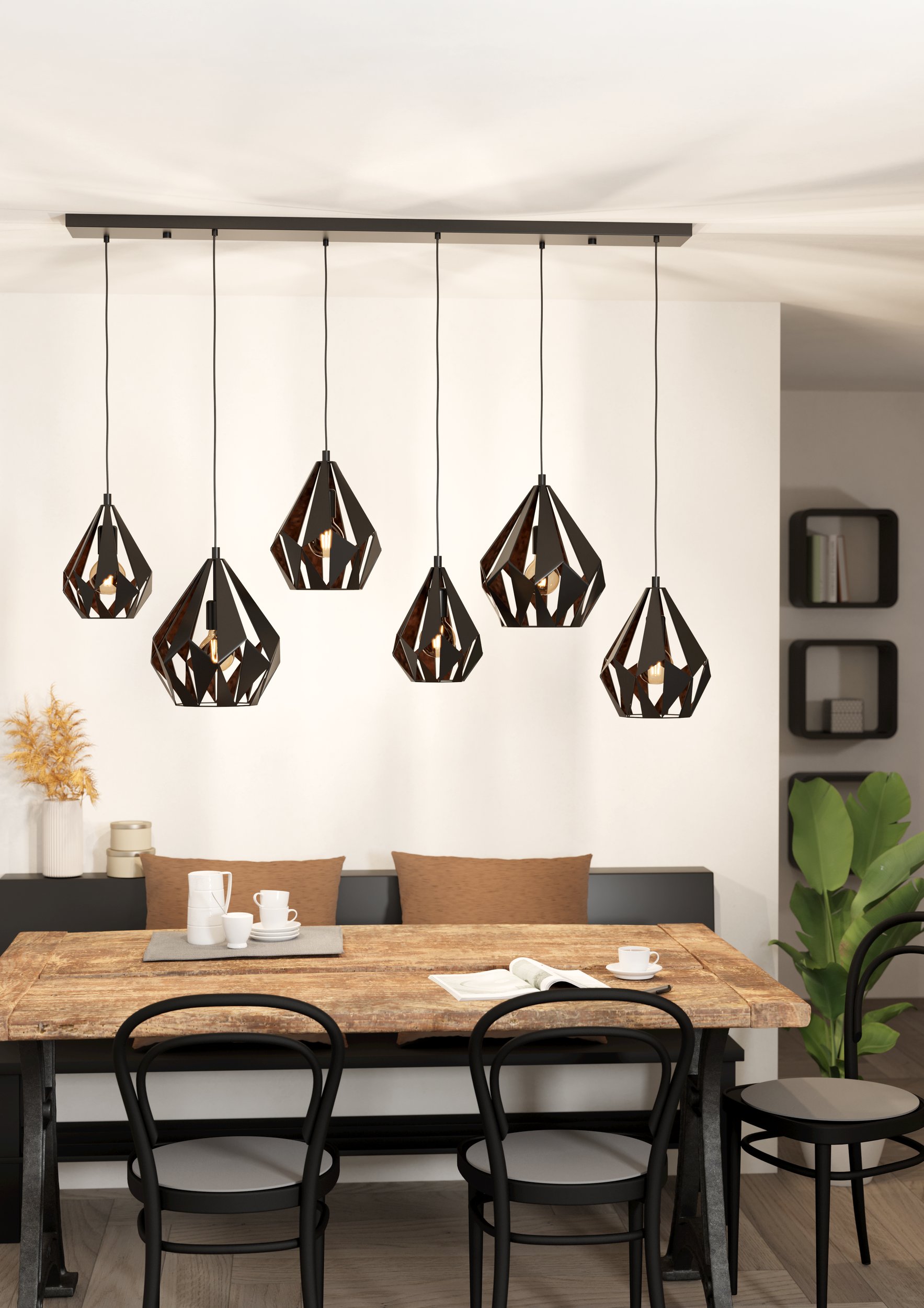 Eglo 43846 CARLTON 1 - Závěsné retro svítidlo nad jídelní stůl, černo měděné, 6 x E27, 138cm