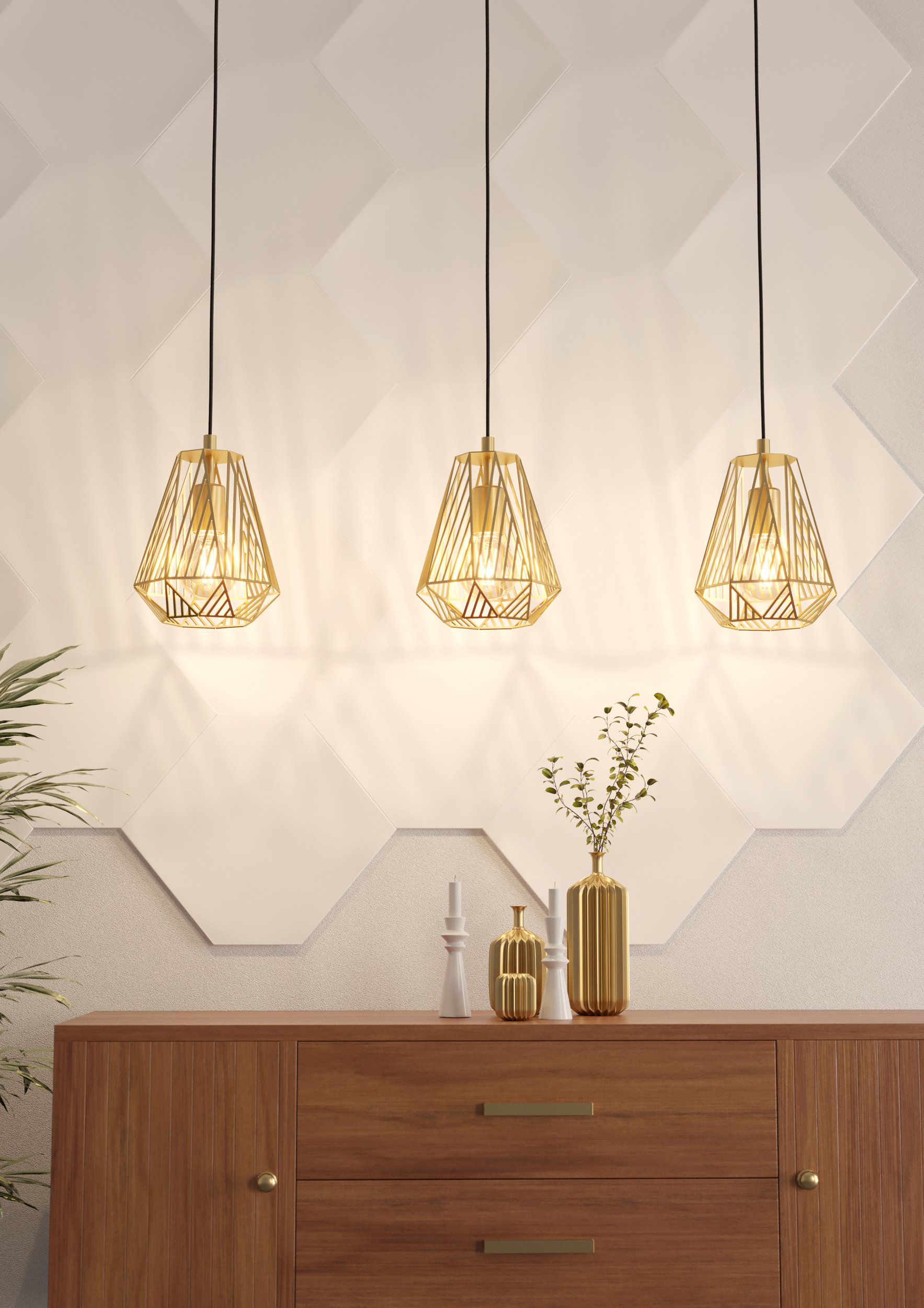 Eglo 43696 STYPE - Závěsný retro lustr ve zlatavé barvě nad jídelní stůl, 3 x E27, 96cm