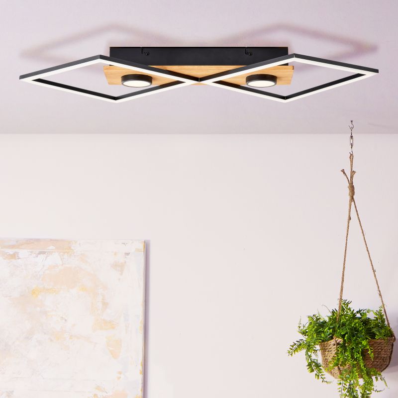 Brilliant G99756/76 WOODBRIDGE - LED moderní stropní lustr v černé barvě s dřevěnou monturou, stmívatelné vypínačem, LED 32W, 3000K, 70 x 35cm