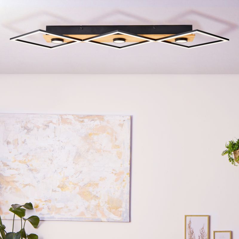 Brilliant G99757/76 WOODBRIDGE - LED moderní stropní lustr v černé barvě s dřevěnou monturou, stmívatelné vypínačem, LED 50W, 3000K, 106 x 35cm