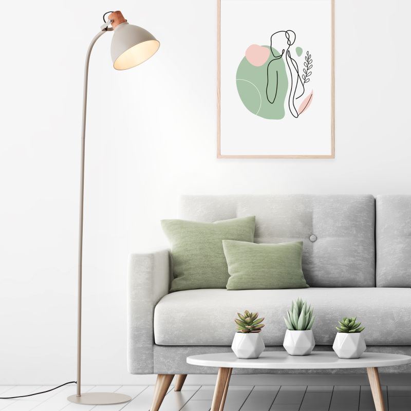 Brilliant 94556/20 ERENA - Industriální stojací lampa se dřevěným prvkem, barva taupe, 1 x E27, 150cm