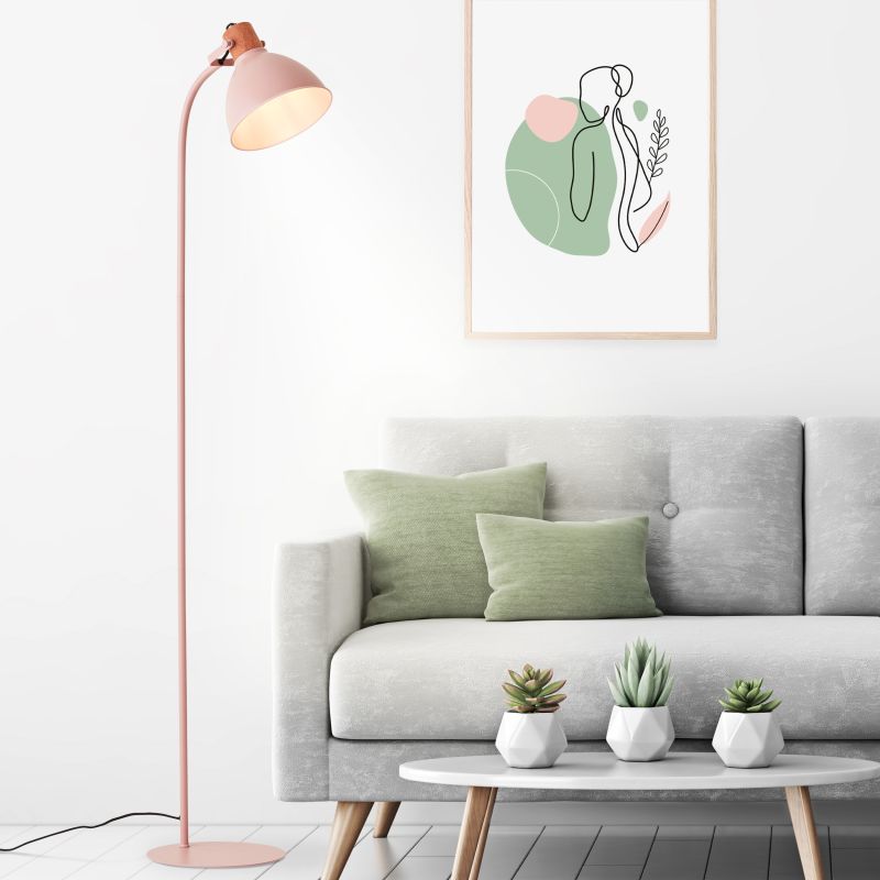 Brilliant 94556/04 ERENA - Industriální stojací lampa se dřevěným prvkem, pastelově růžová, 1 x E27, 150cm