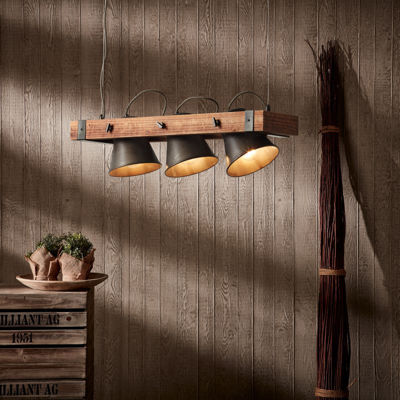 Brilliant 82173/46 PLOW - Závěsná industriální lampa ve tmavé barvě se dřevem, 3 x E27, 70cm