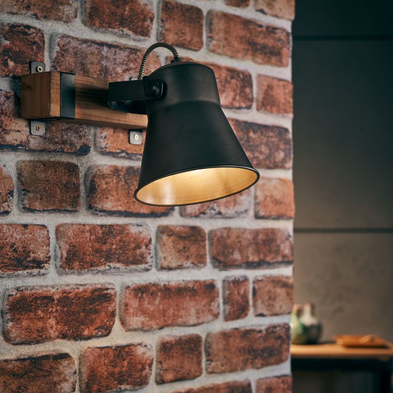 Brilliant 82110/46 PLOW - Nástěnná industriální lampa z pálené oceli a dřeva , 1 x E27