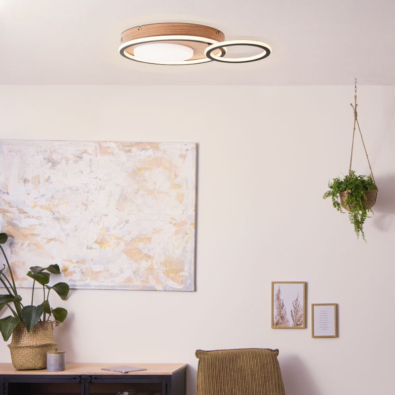 Brilliant G99749/76 KARNEY - LED moderní stropní lustr se dřevěnou monturou, stmívatelný vypínačem, LED 48W, 3000K, 57 x 40cm