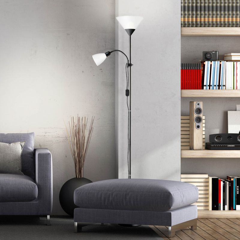 Brilliant 93008/76 SPARI - Stojací lampa v černé barvě s bodovkou na čtení, 1 x E27 + 1 x E14, 180cm