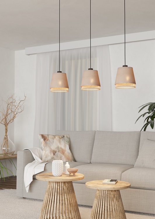 Eglo 43976 TABLEY - Moderní lustr s textilními stínidly se dřevem, 3 x E27, 89cm