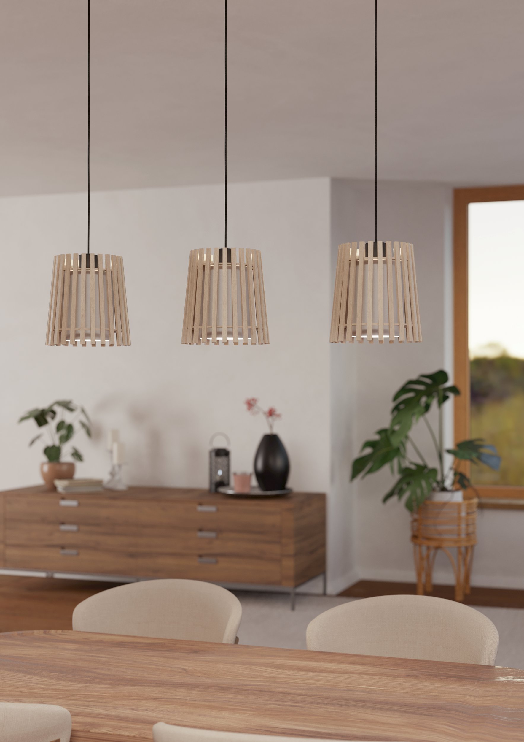 Eglo 900903 FATTORIA - Závěsný trojramenný kuchyňský lustr ze dřeva s textilními stínidly, 3 x E27, 90cm