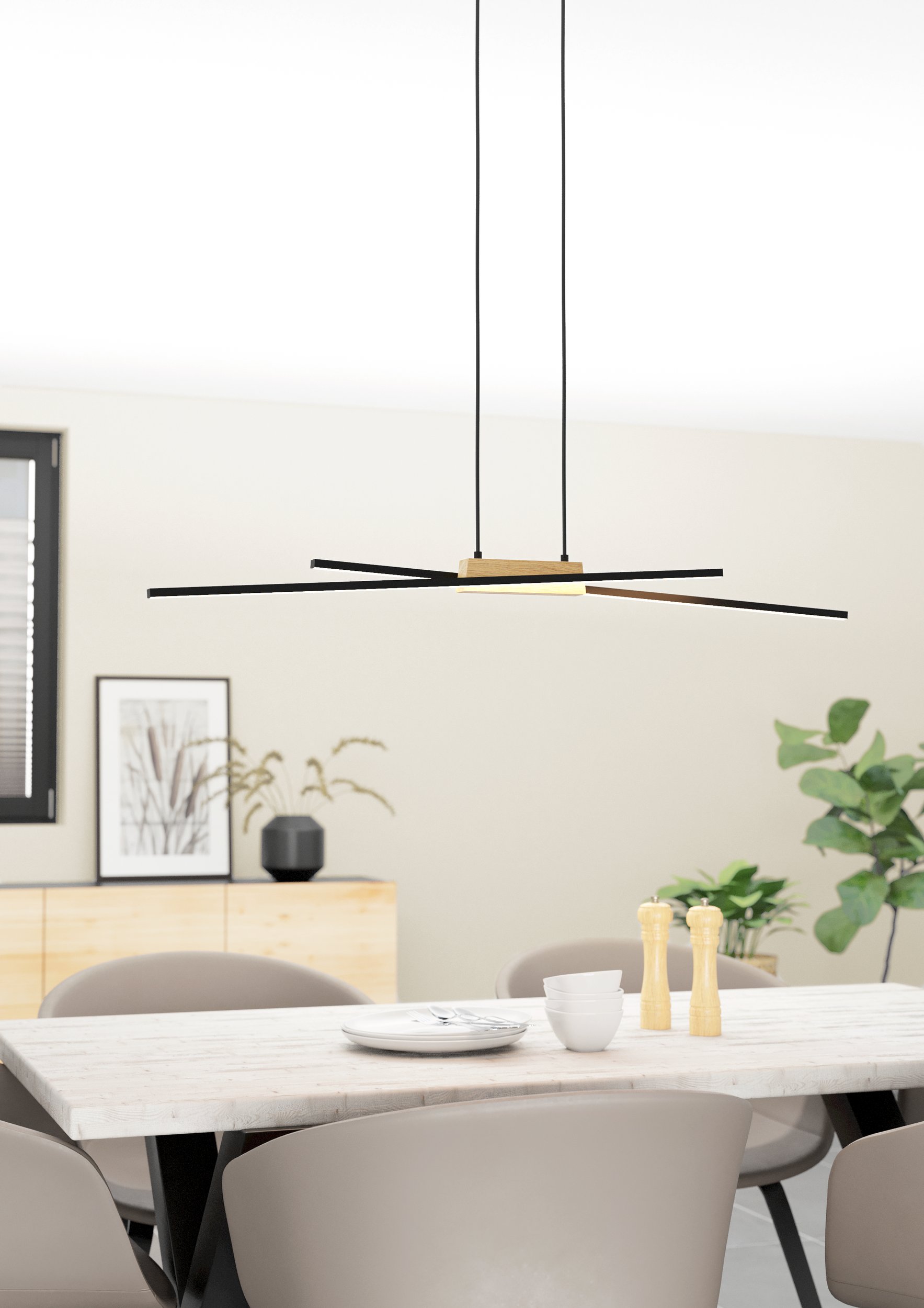 Eglo 900489 PANAGRIA - LED stmívatelné závěsné svítidlo v černé barvě se dřevem, 26W, 3000K, 93,5cm