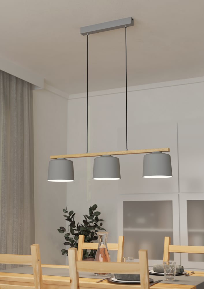 Eglo 900362 MARIEL - Závěsné šedé svítidlo se dřevěnou lištou, 3 x E27, 91cm