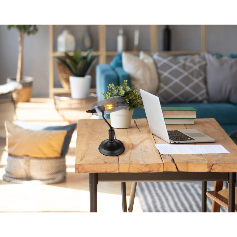 Globo 2491B Antique - Bankéřská lampička, černá montura, kouřové sklo, 1 x E27