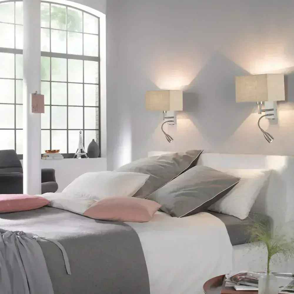 Fischer Honsel 30320 DREAMER - Nástěnná lampička s textilním stínidlem a čtecí bodovkou, 1 x E27 + LED 4W, 2700K, 2x vypínač