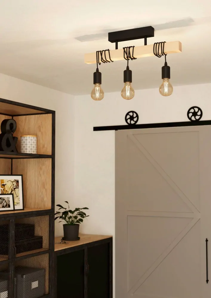 Eglo 43511 TOWNSHEND - Stropní retro lustr se dřevěnou lištou, 3 x E27