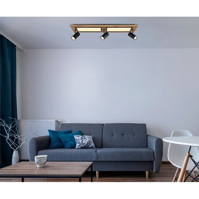 Globo 67306D1 ULLA - LED stropní svítidlo v černé barvě s MDF dřevem a natáčecími bodovkami, LED 24W + 3x GU10, 3000K, 80 x 20cm
