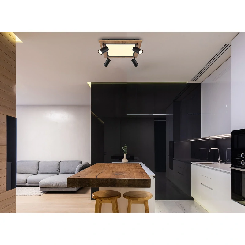 Globo 67306D2 ULLA - LED stropní svítidlo v černé barvě s MDF dřevem a natáčecími bodovkami, LED 24W + 4 x GU10, 3000K, 45 x 45cm