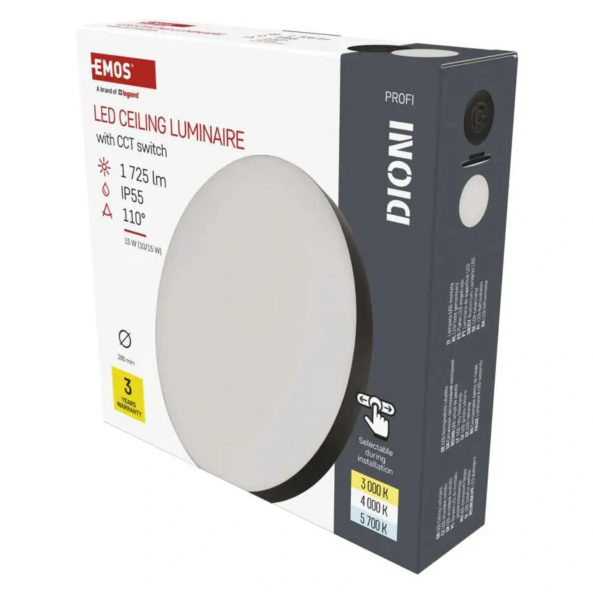 Emos ZM7153 DIONI - LED černé přisazené svítidlo se změnou barvy světla 15W, 3000+4000+5700K, Ø 28cm