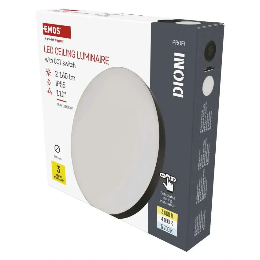 Emos ZM7154 DIONI - LED černé svítidlo se změnou barvy světla 18W, 3000+4000+5700K, Ø 36cm
