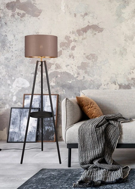 Trio Leuchten R41561032 COLETTE - Stojací lampa s kovovou černou trojnožkou a textilním stínidlem, 1 x E27, 152cm