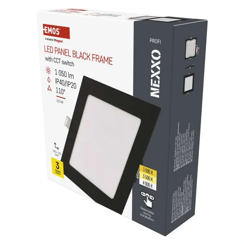 EMOS ZD2333 NEXXO - Podhledový černý LED panel, 12,5W, 1050lm, 3000 + 3500 + 4000K, IP40/IP20, 17 x 17cm