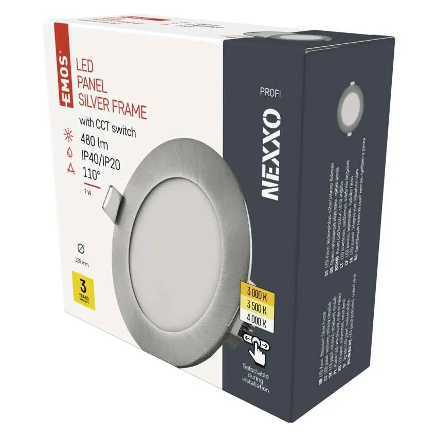 EMOS ZD1223 NEXXO - Podhledový stříbrný LED panel, 7W, 480lm, 3000 + 3500 + 4000K, IP40/IP20, Ø 12cm