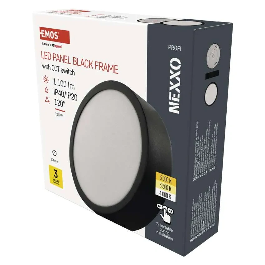 EMOS ZM5333 NEXXO - Přisazený stropní LED panel v černé barvě, 12,5W, 1100lm, 3000 + 3500 + 4000K, IP40/IP20, Ø 17cm