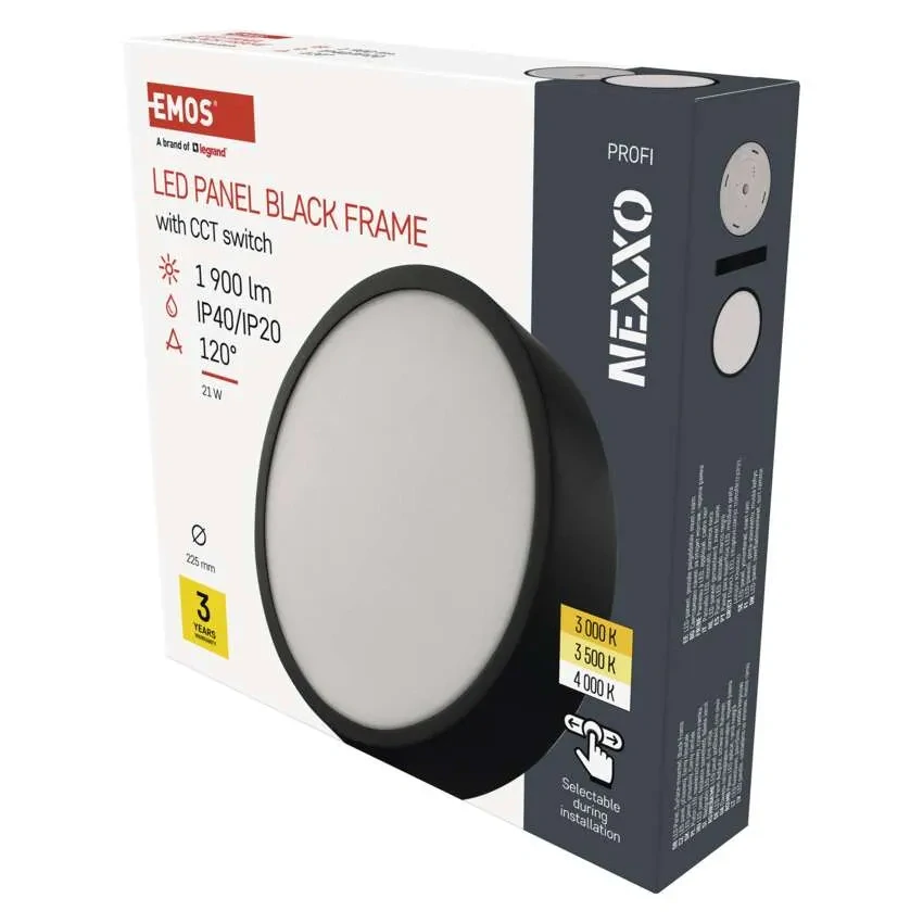 EMOS ZM5343 NEXXO - Přisazený stropní LED panel v černé barvě, 21W, 1900lm, 3000 + 3500 + 4000K, IP40/IP20, Ø 22,5cm