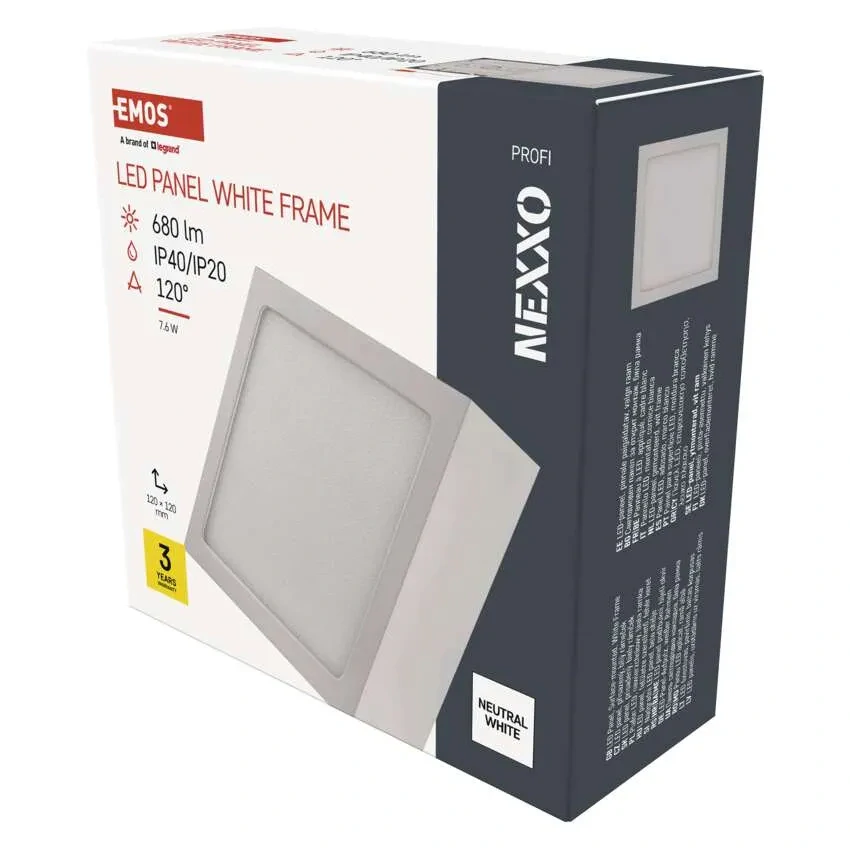 EMOS ZM6125 NEXXO - Přisazený stropní LED panel v bílé barvě, 7,6W, 680lm, 4000K, IP40/IP20, 12 x 12cm