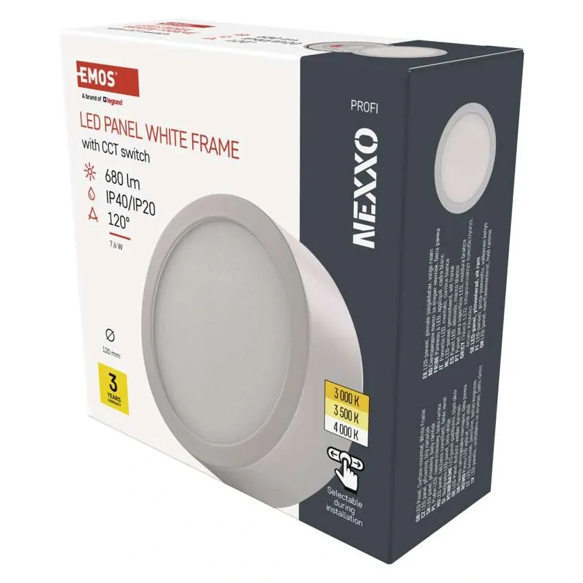 EMOS ZM5123 NEXXO - Přisazený stropní LED panel v bílé barvě, 7,6W, 680lm, 3000 + 3500 + 4000K, IP40/IP20, Ø 12cm