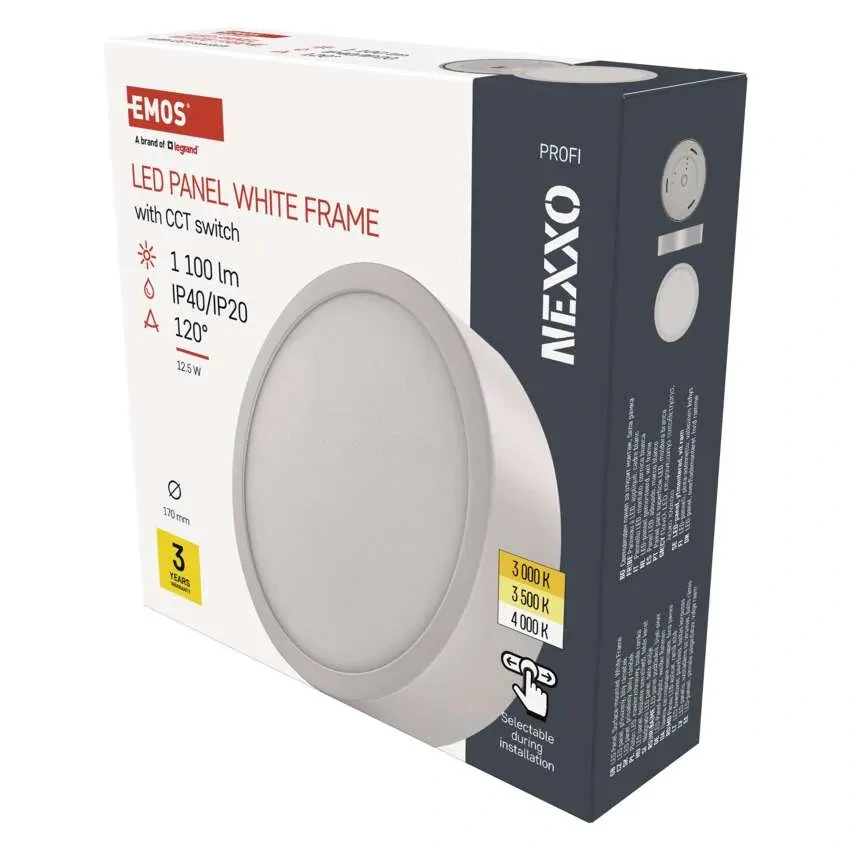 EMOS ZM5133 NEXXO - Přisazený stropní LED panel v bílé barvě, 12,5W, 1100lm, 3000 + 3500 + 4000K,  IP40/IP20, Ø 17cm