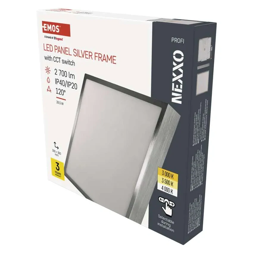 EMOS ZM6253 NEXXO - Přisazený stropní LED panel v broušeném niklu, 28,5W, 2700lm, 3000 + 3500 + 4000K, IP40/IP20, 30 x 30cm