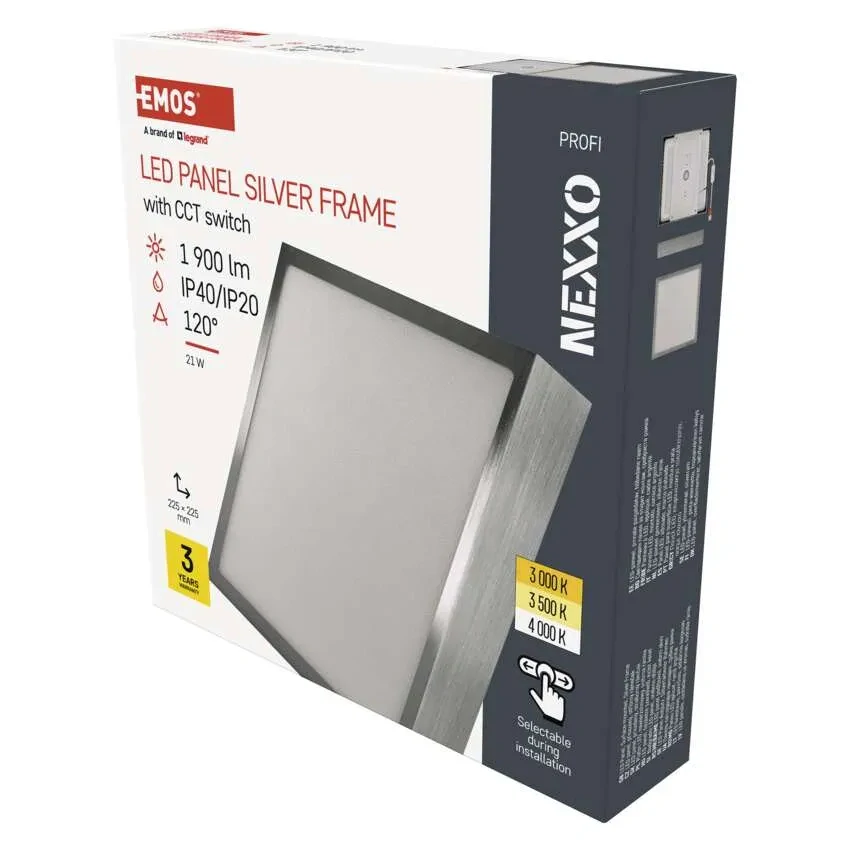 EMOS ZM6243 NEXXO - Přisazený stropní LED panel v broušeném niklu, 21W, 1900lm, 3000 + 3500 + 4000K, IP40/IP20, 22,5 x 22,5cm