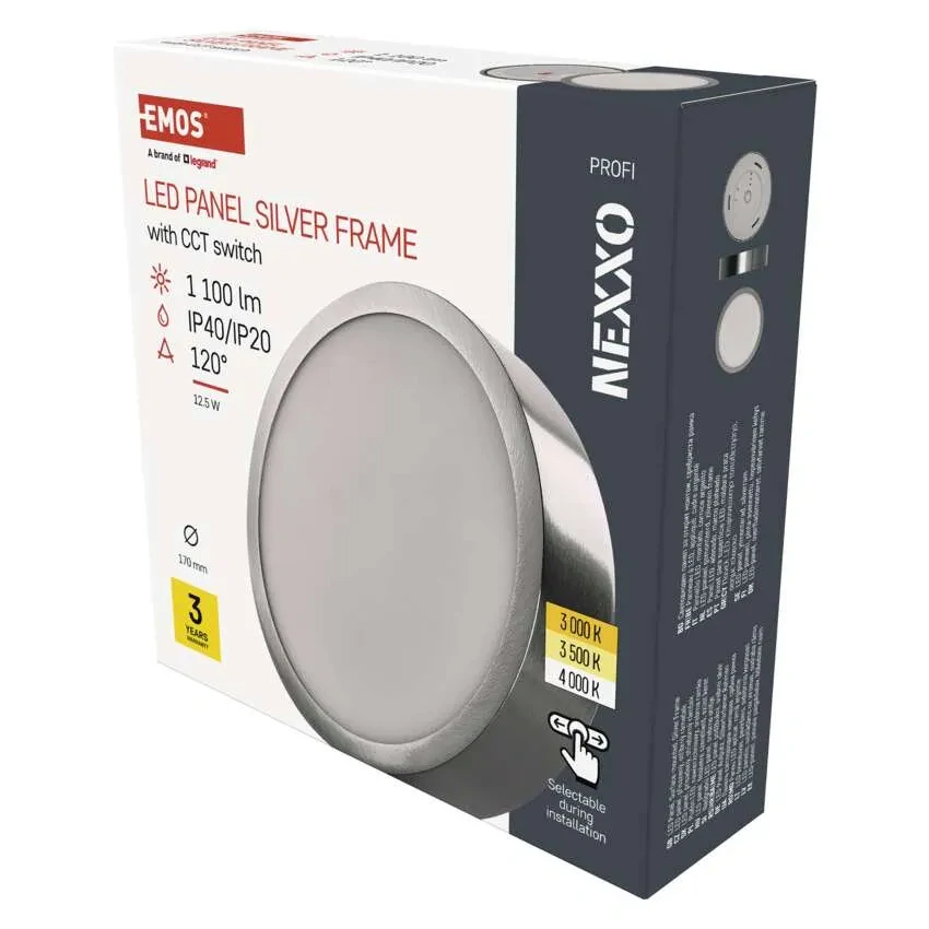 EMOS ZM5233 NEXXO - Přisazený stropní LED panel v broušeném niklu, 12,5W, 1100lm, 3000 + 3500 + 4000K, IP40/IP20, Ø 17cm