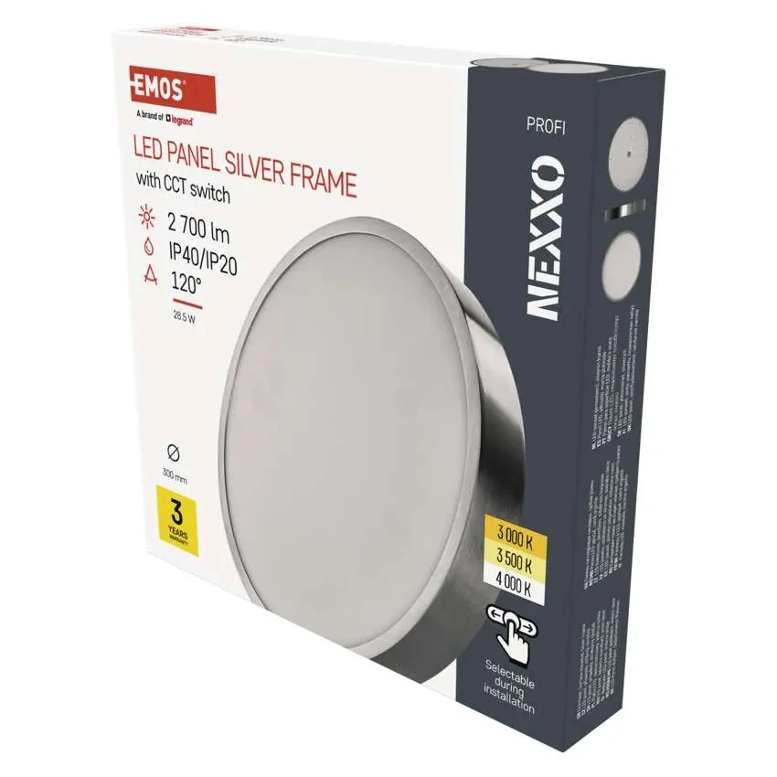 EMOS ZM5253 NEXXO - Přisazený stropní LED panel v broušeném niklu, 28W, 2700lm, 3000 + 3500 + 4000K, IP40/IP20, Ø 30cm