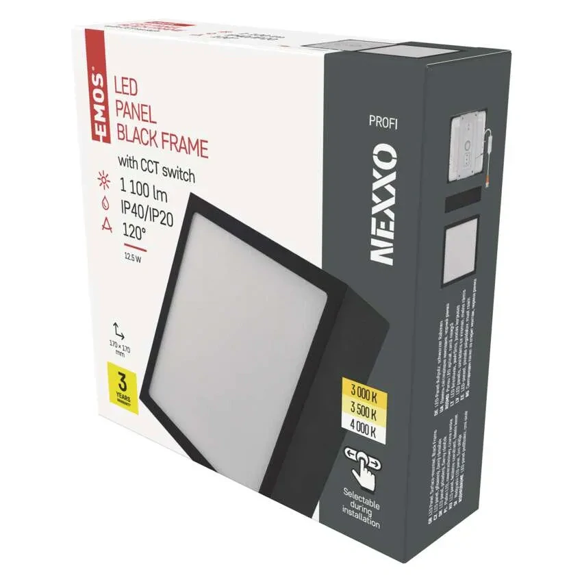 EMOS ZM6333 NEXXO - Přisazený stropní LED panel v černé barvě, 12,5W, 1100lm, 3000 + 3500 + 4000K, IP40/IP20, 17 x 17cm