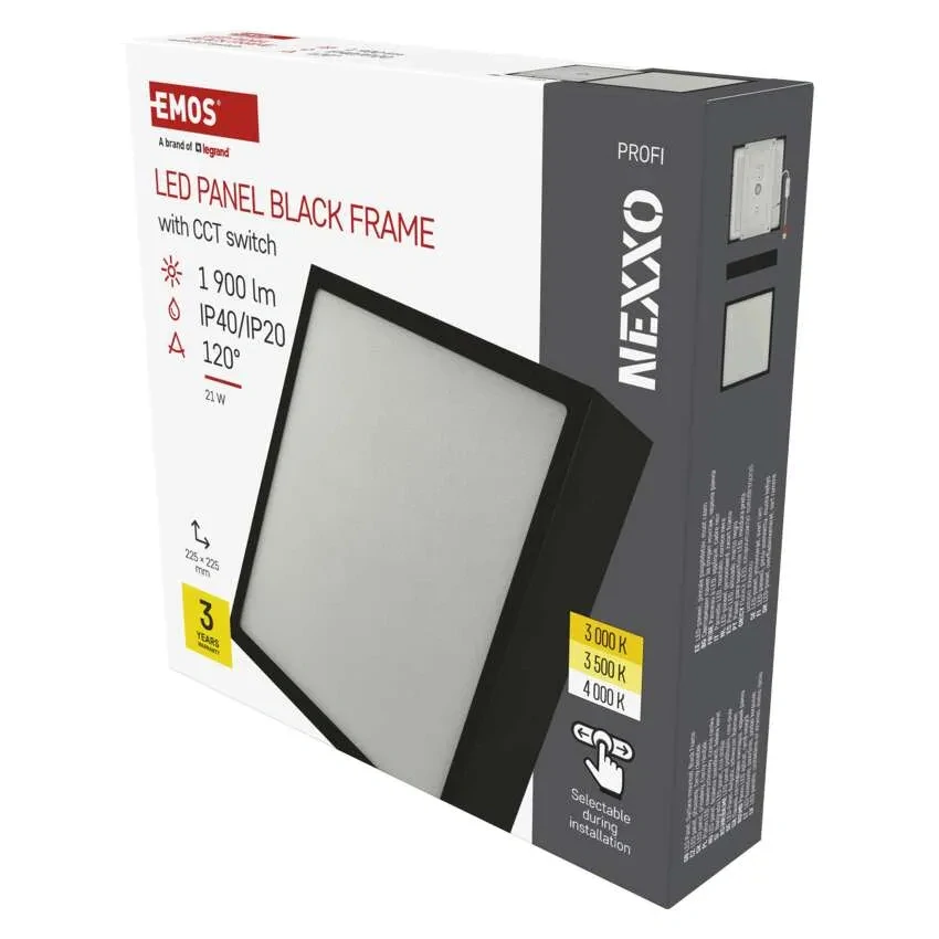 EMOS ZM6343 NEXXO - Přisazený stropní LED panel v černé barvě, 21W, 1900lm, 3000 + 3500 + 4000K, IP40/IP20, 22,5 x 22,5cm