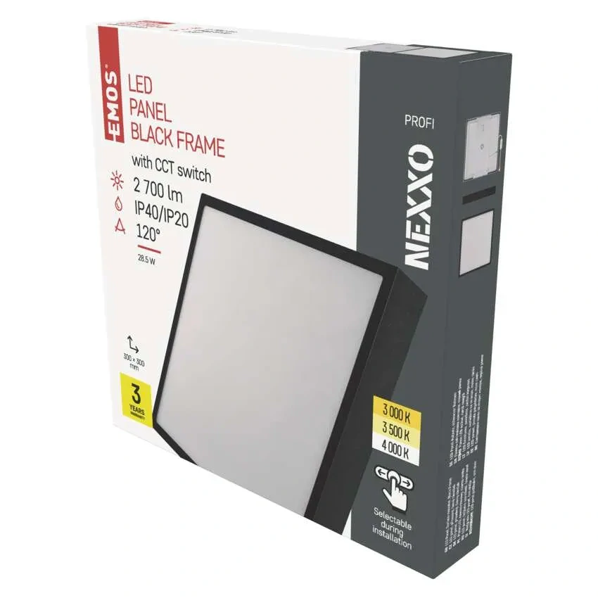 EMOS ZM6353 NEXXO - Přisazený stropní LED panel v černé barvě, 28W, 2700lm, 3000 + 3500 + 4000K, IP40/IP20, 30 x 30cm