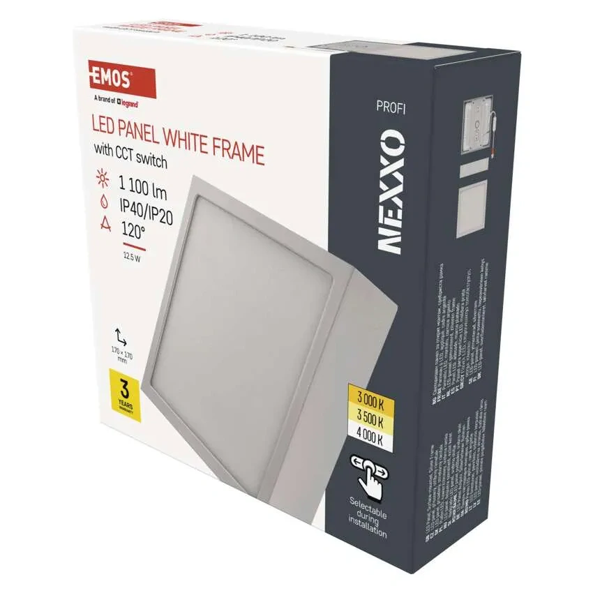 EMOS ZM6133 NEXXO - Přisazený stropní LED panel v bílé barvě, 12,5W, 1100lm, 3000 + 3500 + 4000K, IP40/IP20, 17 x 17cm
