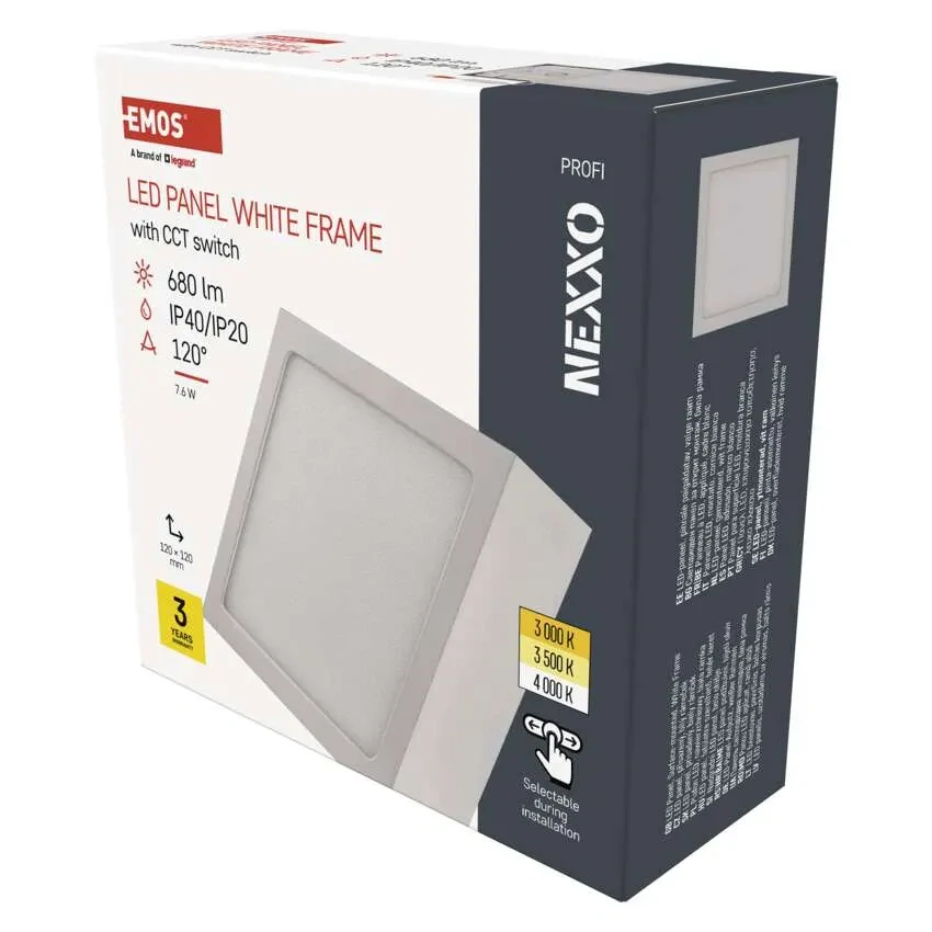 EMOS ZM6123 NEXXO - Přisazený stropní LED panel v bílé barvě, 7,6W, 680lm, 3000 + 3500 + 4000K,  IP40/IP20, 12 x 12cm