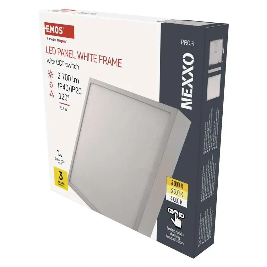 EMOS ZM6153 NEXXO - Přisazený stropní LED panel v bílé barvě, 28W, 2700lm, 3000 + 3500 + 4000K, IP40/IP20, 30 x 30cm