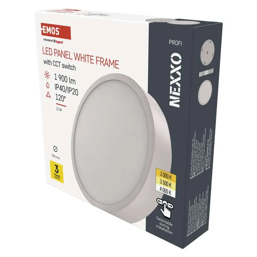 EMOS ZM5143 NEXXO - Přisazený stropní LED panel v bílé barvě, 21W, 1900lm, 3000 + 3500 + 4000K, IP40/IP20, Ø 22,5cm