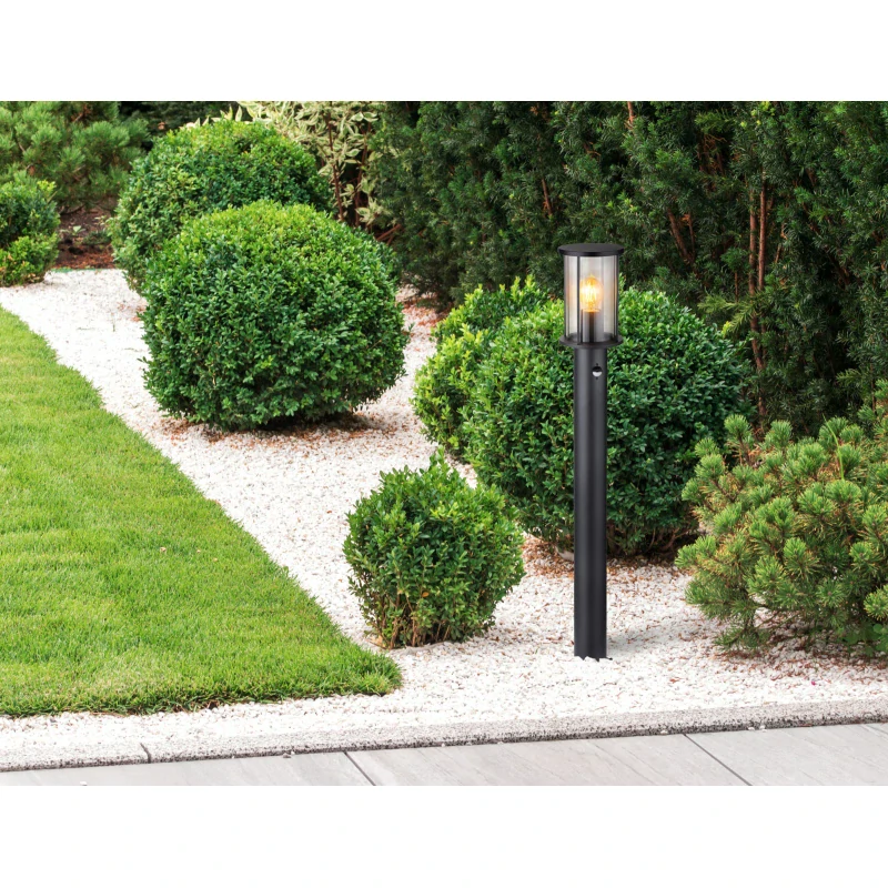 Globo 31363S GRACEY - Venkovní stojací lampa s pohybovým senzorem v černé barvě kovu a kouřovým sklem, 1 x E27, IP54, 100cm