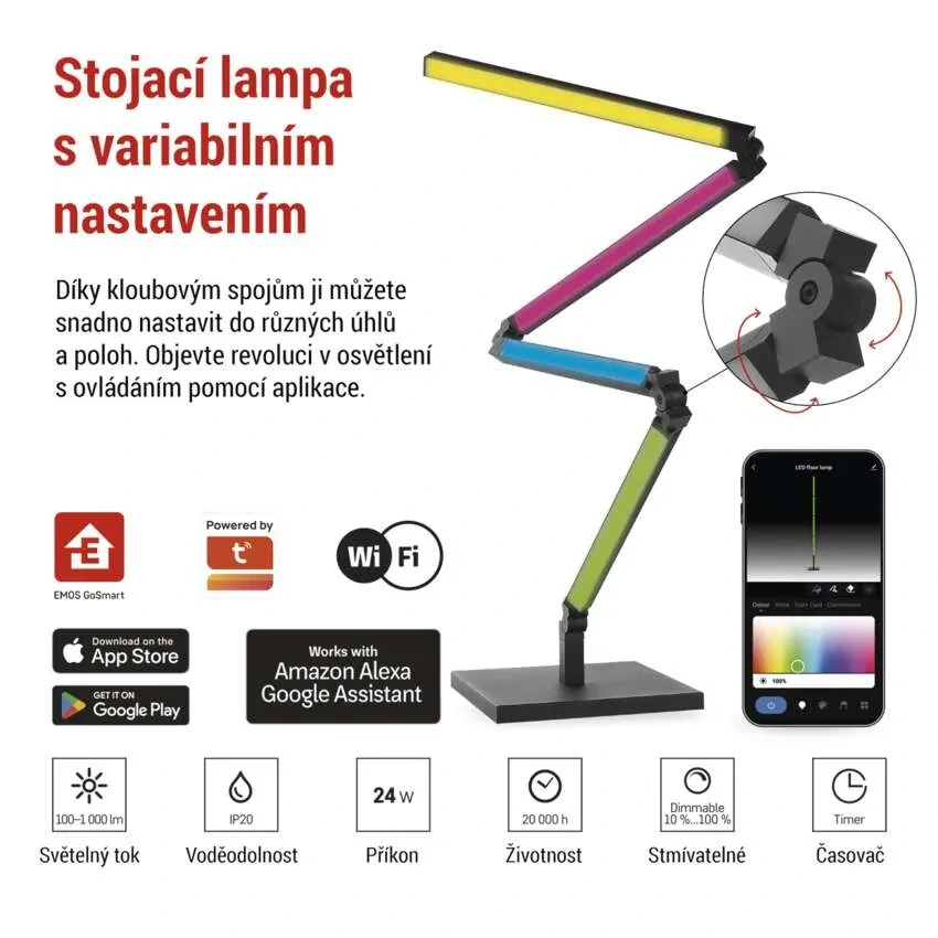 Emos ZCW34BR GO SMART - LED RGB stojací lampa v černé barvě, ovládání mobilní aplikací, LED 24W, max 175cm