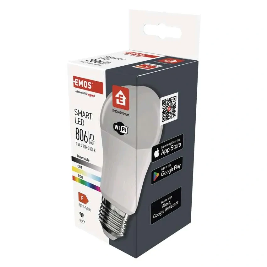 EMOS ZQW514R GO SMART - Chytrá LED RGB žárovka A60, ovládání z mobilní aplikace, LED 9W, 2700-6500K + RGB, E27