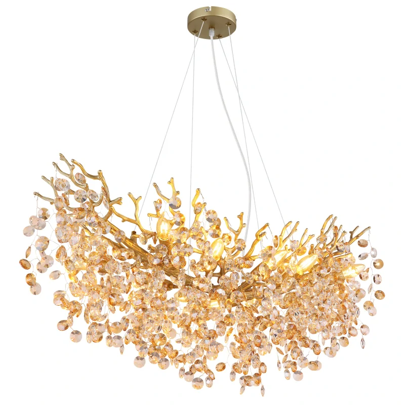 Globo 64138H3G QUEENA - Závěsný zlatý lustr se skleněnými kříšťálovými ověsky, 10 x E14, 100 x 45cm